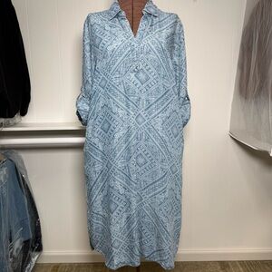 Chico's Blue Printed Chambray Shirt Dress Roll Tab Sleeves Pockets Size Medium